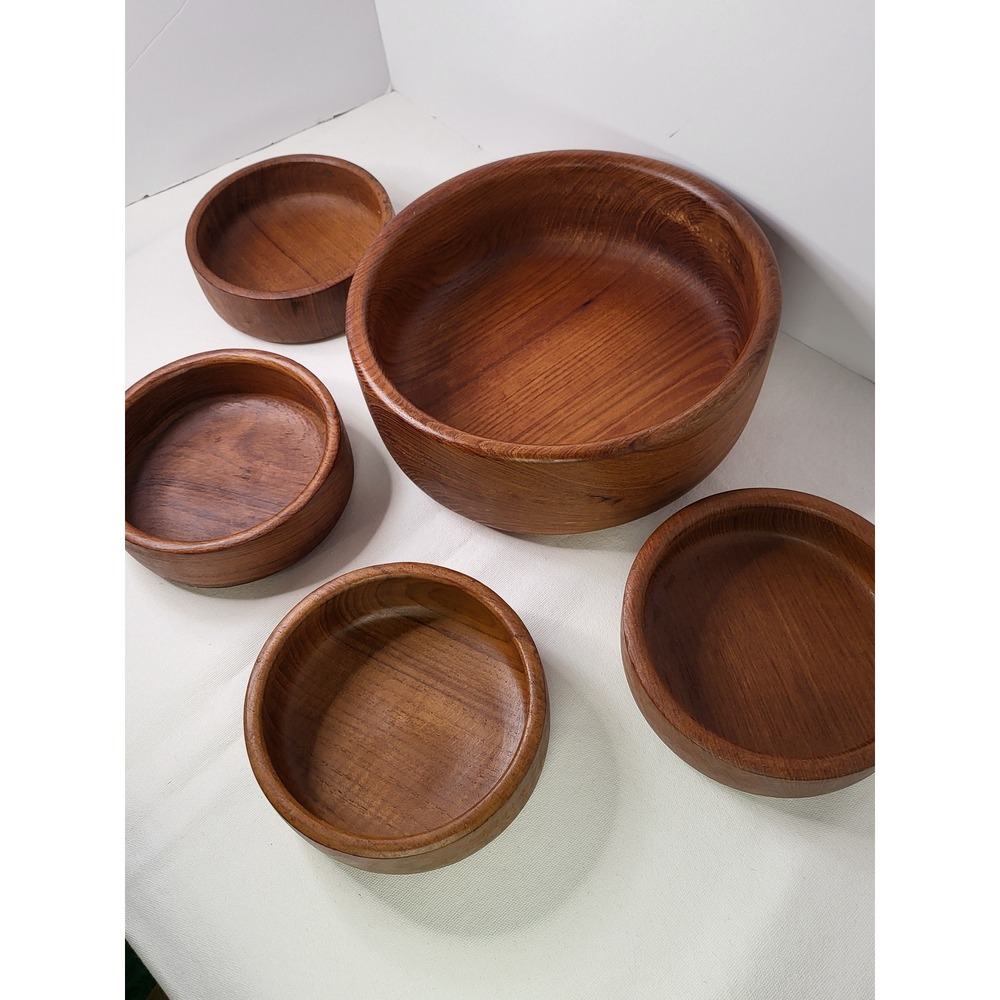 Winsome Wood Genuine Teak Salad Bowl Set 5pc MCM Serving Set Thailand
